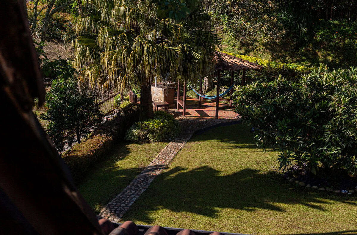 Lush tropical garden with hammock and shaded seating area at Finca Conejo Blanco, perfect for relaxation.