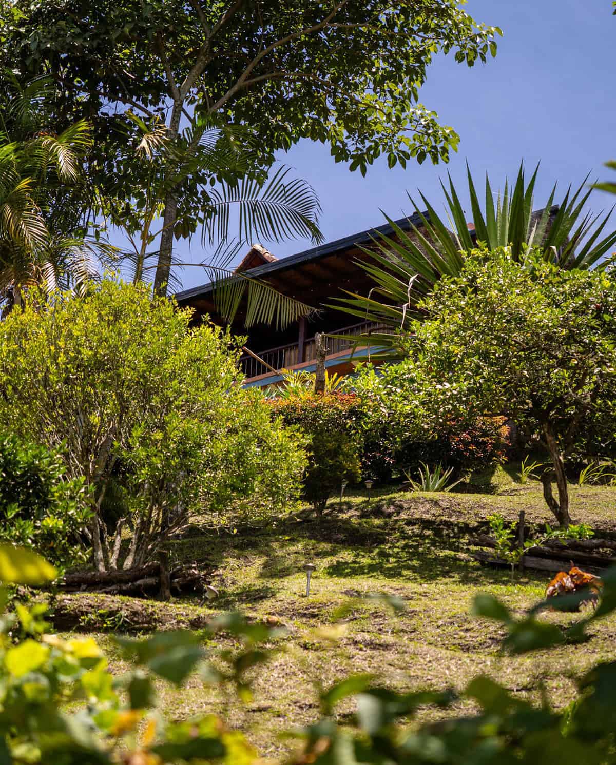 Finca Conejo Blanco tropical hillside villa surrounded by lush greenery and vibrant garden.