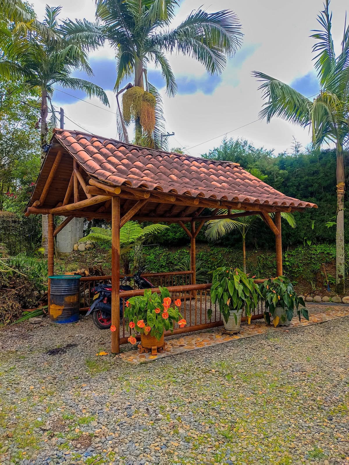 Rustic wooden gazebo at Finca Conejo Blanco with tropical plants and palm trees, ideal for relaxation.
